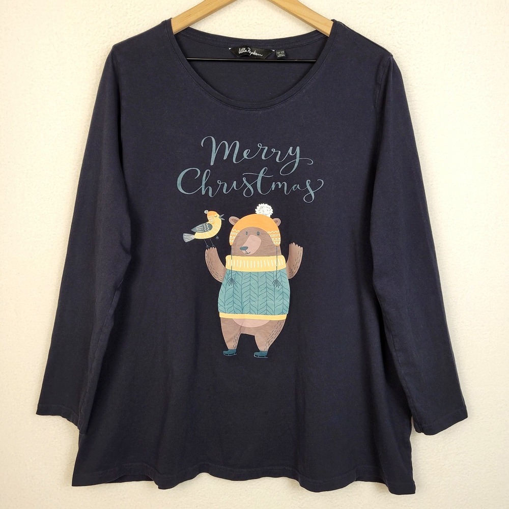 Ulla Popken Merry Christmas Bear‎ Top Womens 16/18 Navy Cotton A Line